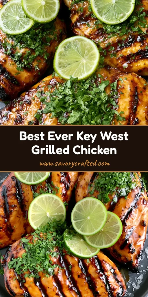 A close-up vertical shot of Key West Grilled Chicken with honey soy glaze, lime slices, and cilantro on a dark plate.