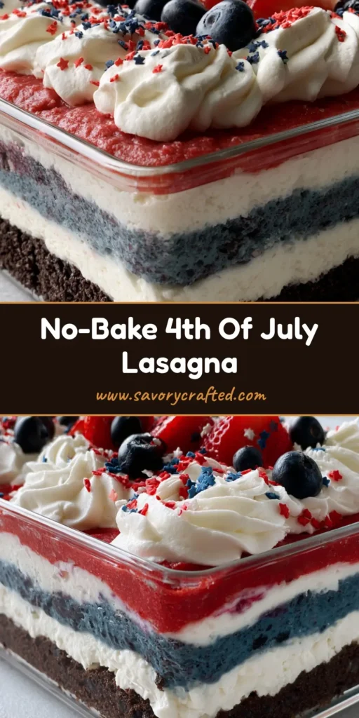 A tall side-angle view of a 4th of July Lasagna Dessert in a glass dish showing red, white, and blue layers with a chocolate crust and whipped swirls.