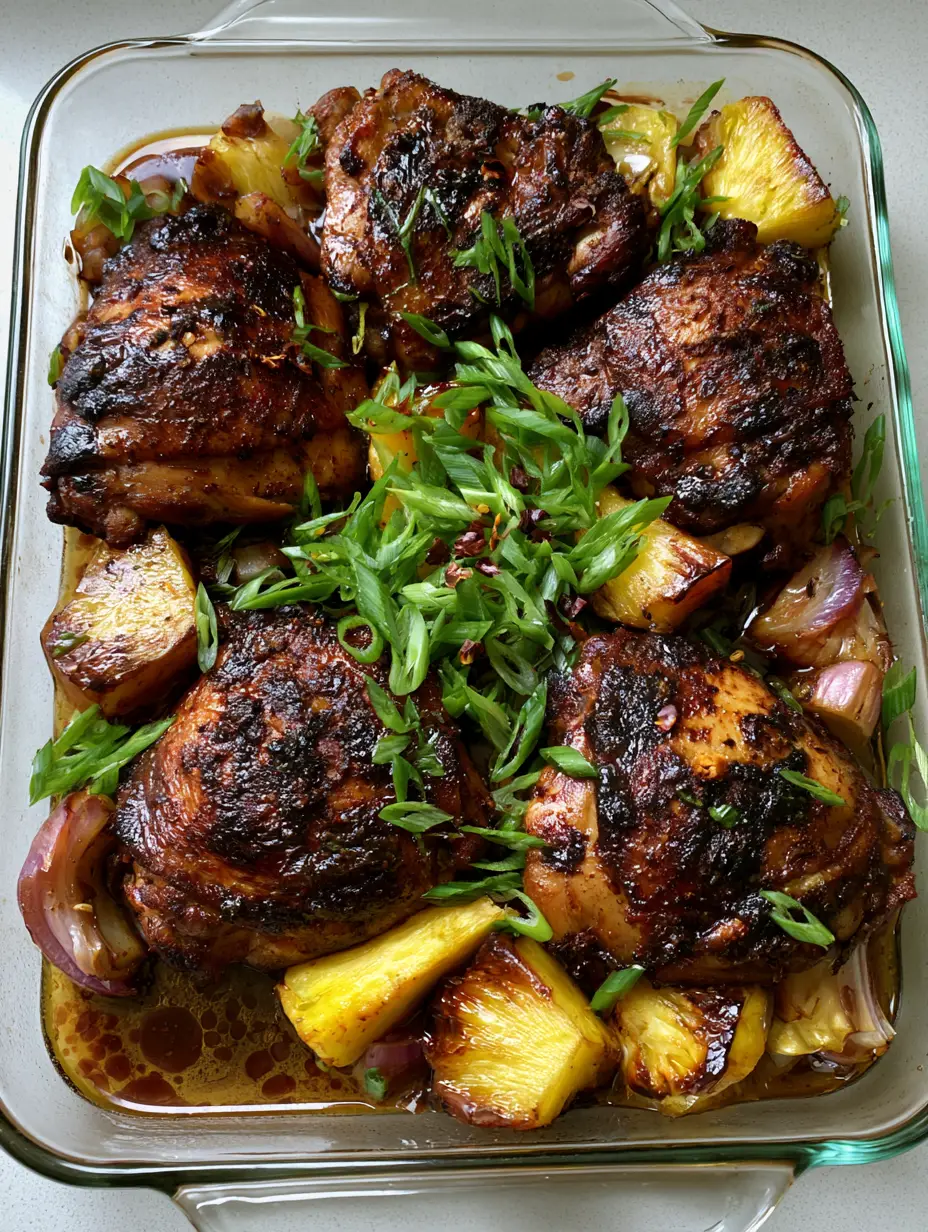 Close-up of Pineapple Jerk Chicken showing the thick dark jerk glaze and crispy charred skin on bone-in thighs.