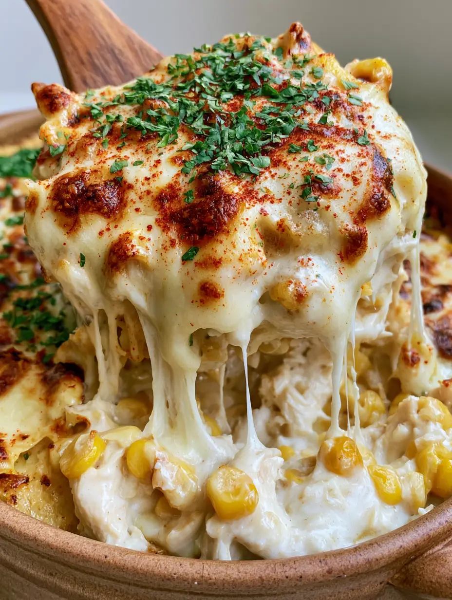 Overhead view of Street Corn Chicken Casserole in a rustic brown dish with melted white cheese, yellow corn, and fresh cilantro.