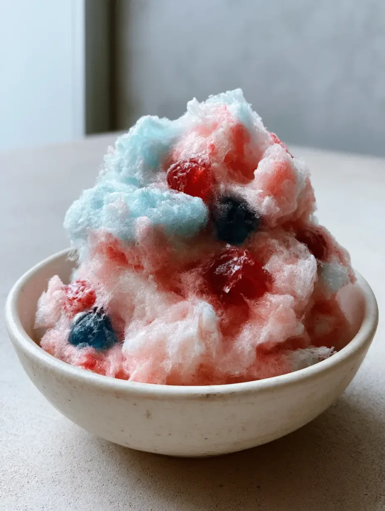 A rustic white bowl filled with pink and blue hand-spun sugar filaments and glossy gummy candies.