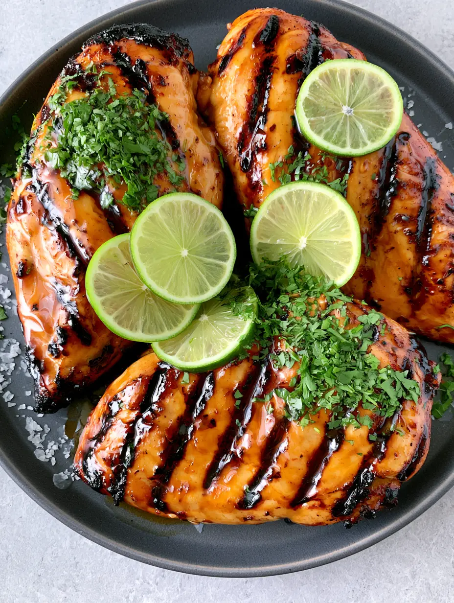 Three Key West Grilled Chicken breasts with dark brown cross-hatch grill marks and lime slices on a dark grey plate.