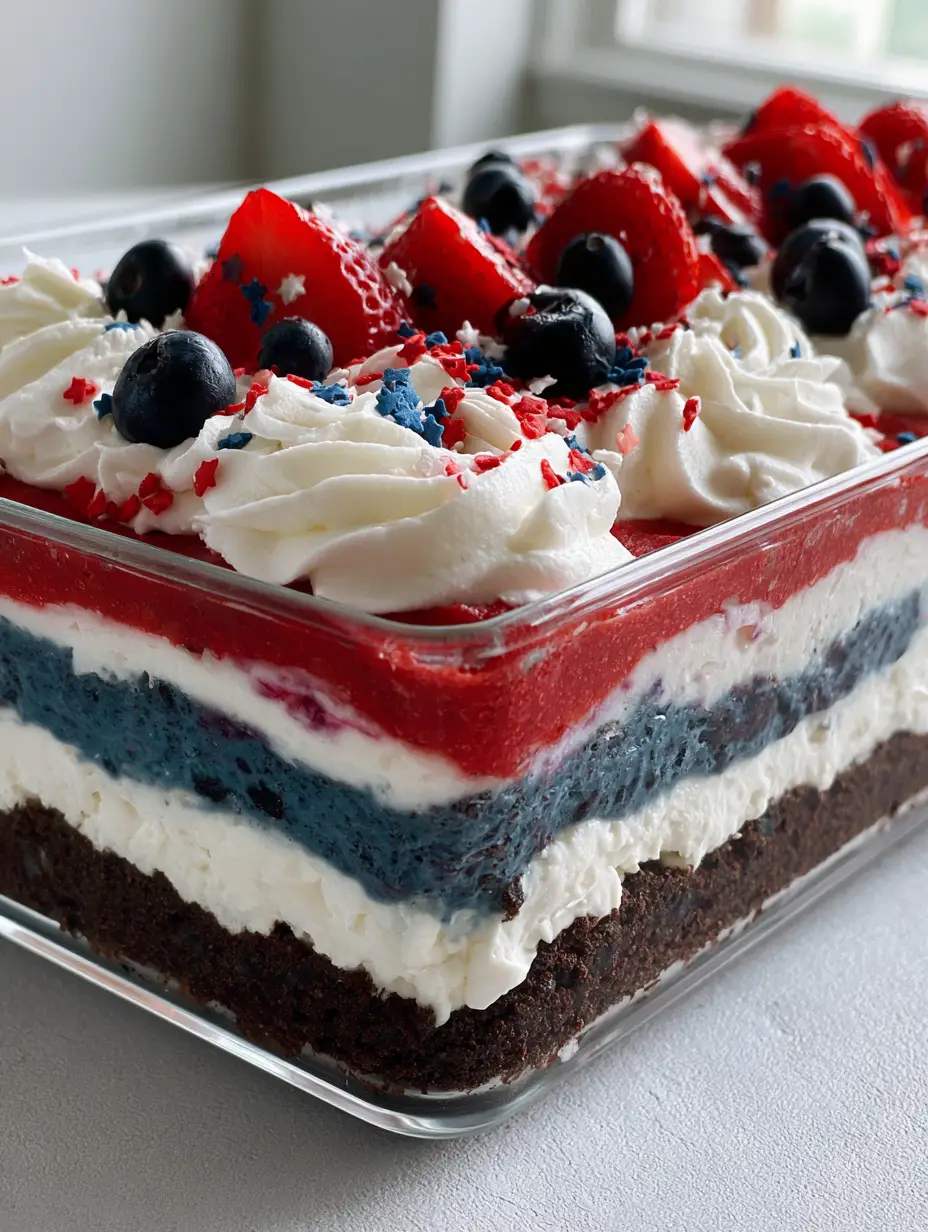 Close-up of the indigo blueberry and ruby strawberry layers in the 4th of July Lasagna Dessert.