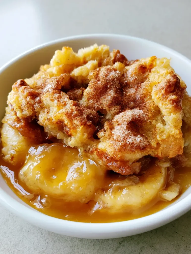 Spoonful of Southern Banana Cobbler showing the translucent golden-amber caramel sauce.