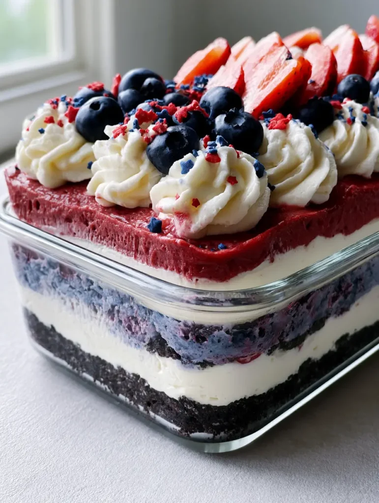 Handheld photo of a 4th of July Lasagna Dessert topped with fresh strawberries, blueberries, and star sprinkles.
