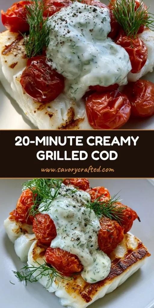 A close-up vertical shot of Grilled Cod Recipes featuring a seared fillet, blistered tomatoes, and creamy dill sauce on a matte white plate.