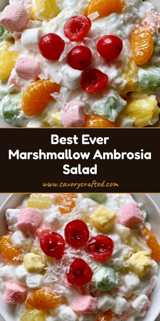 A top-down shot of a white ceramic bowl filled with Ambrosia Fruit Salad, featuring pastel marshmallows, mandarin oranges, and cherries on a gray countertop.