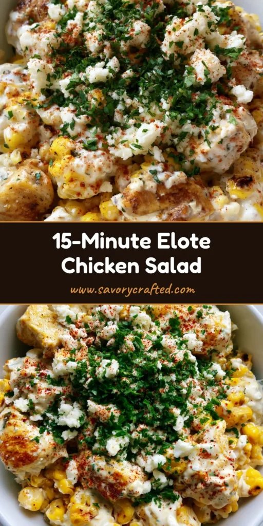 A top-down view of a Mexican Street Corn Chicken Salad bowl showing charred corn, seared chicken, and cotija cheese toppings.