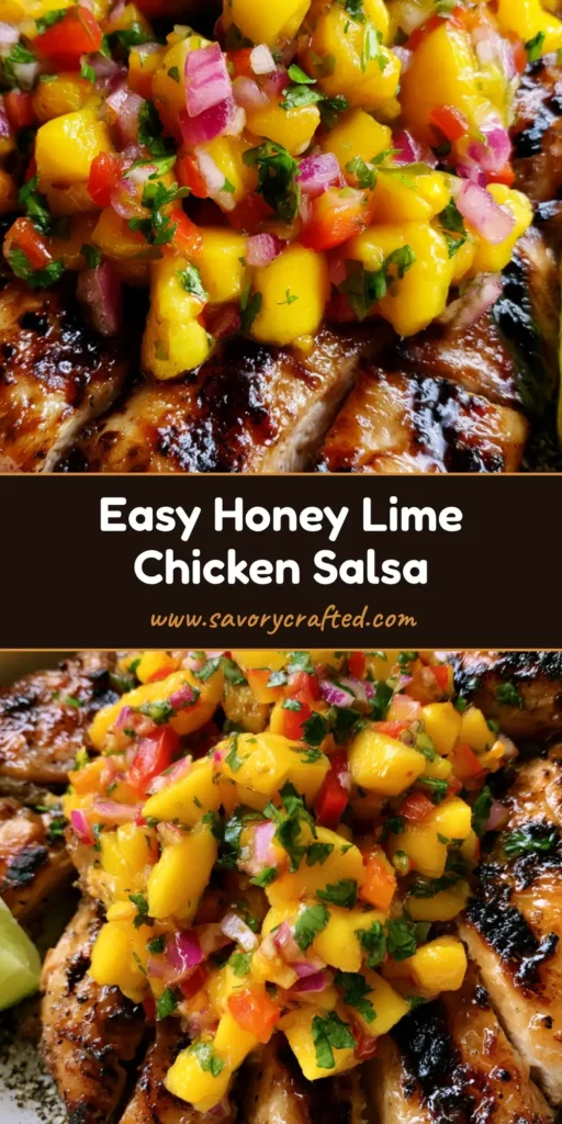 A close-up shot of Honey Lime Chicken with Mango Salsa served in a white bowl, showing charred chicken strips and vibrant mango salsa.
