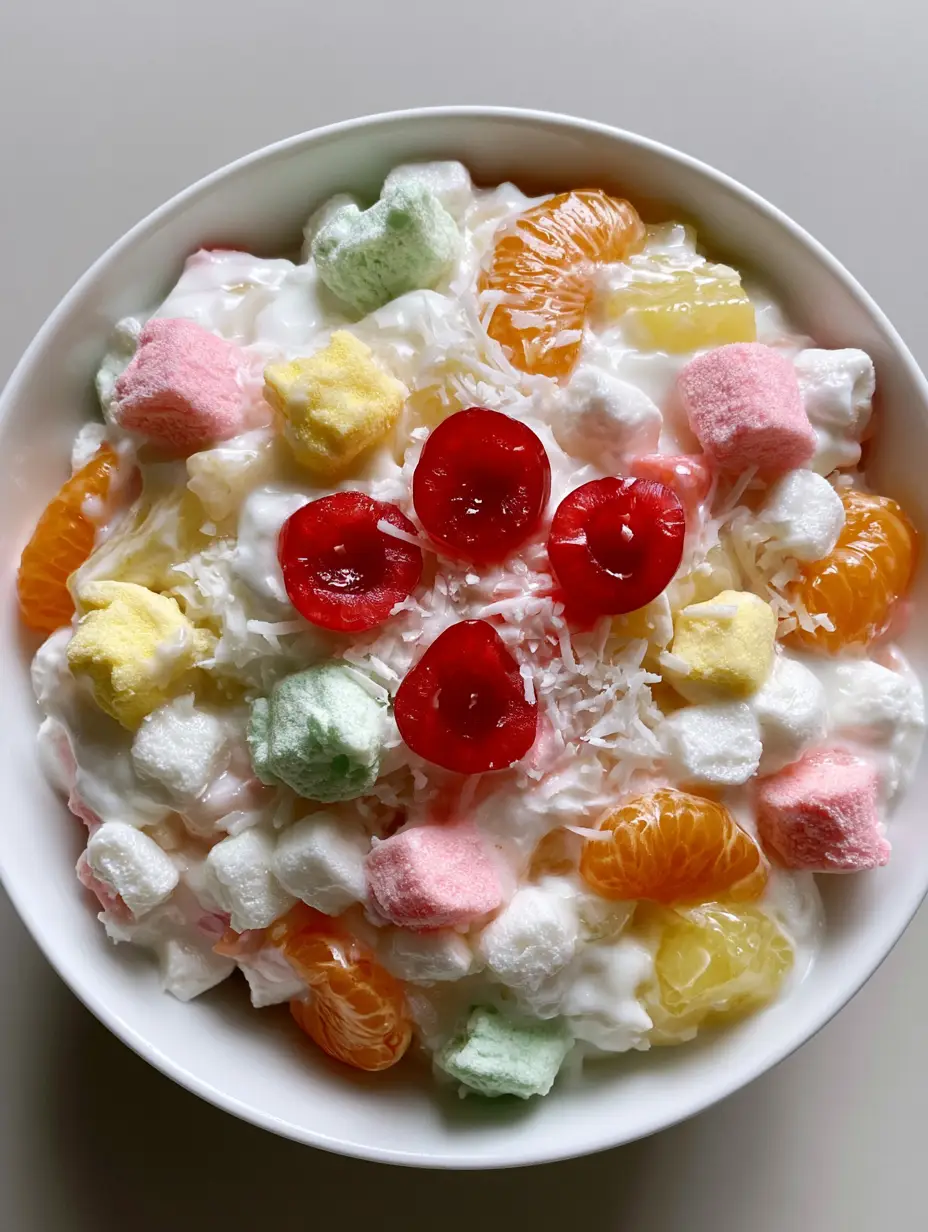 Close-up of Ambrosia Fruit Salad showing the soft matte texture of pastel marshmallows and vibrant red maraschino cherries.