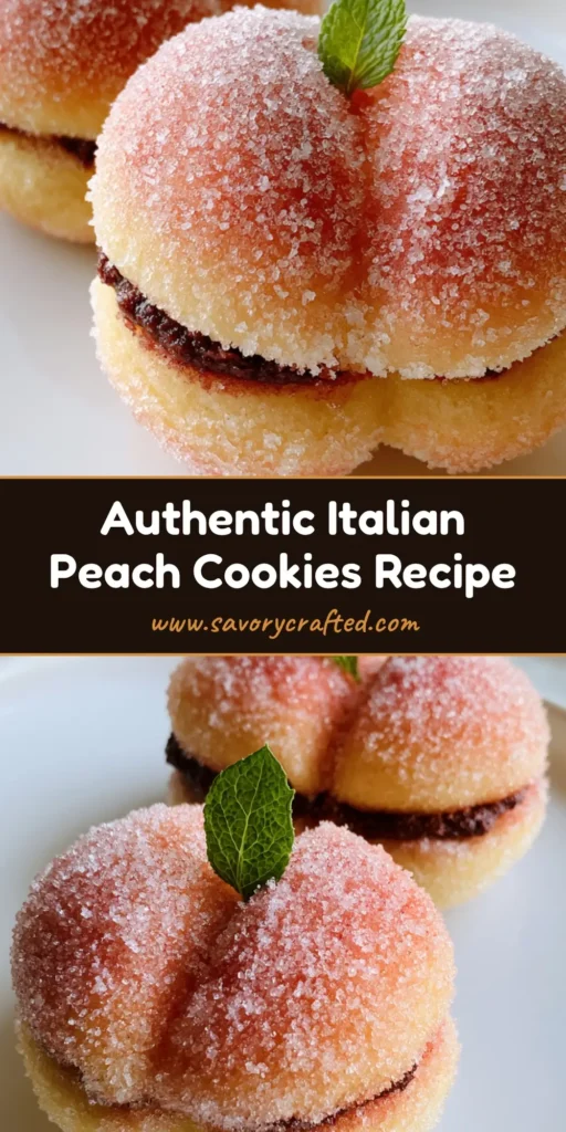 A close-up vertical shot of two Italian Peach Cookies joined with chocolate hazelnut spread and coated in sparkling sugar.