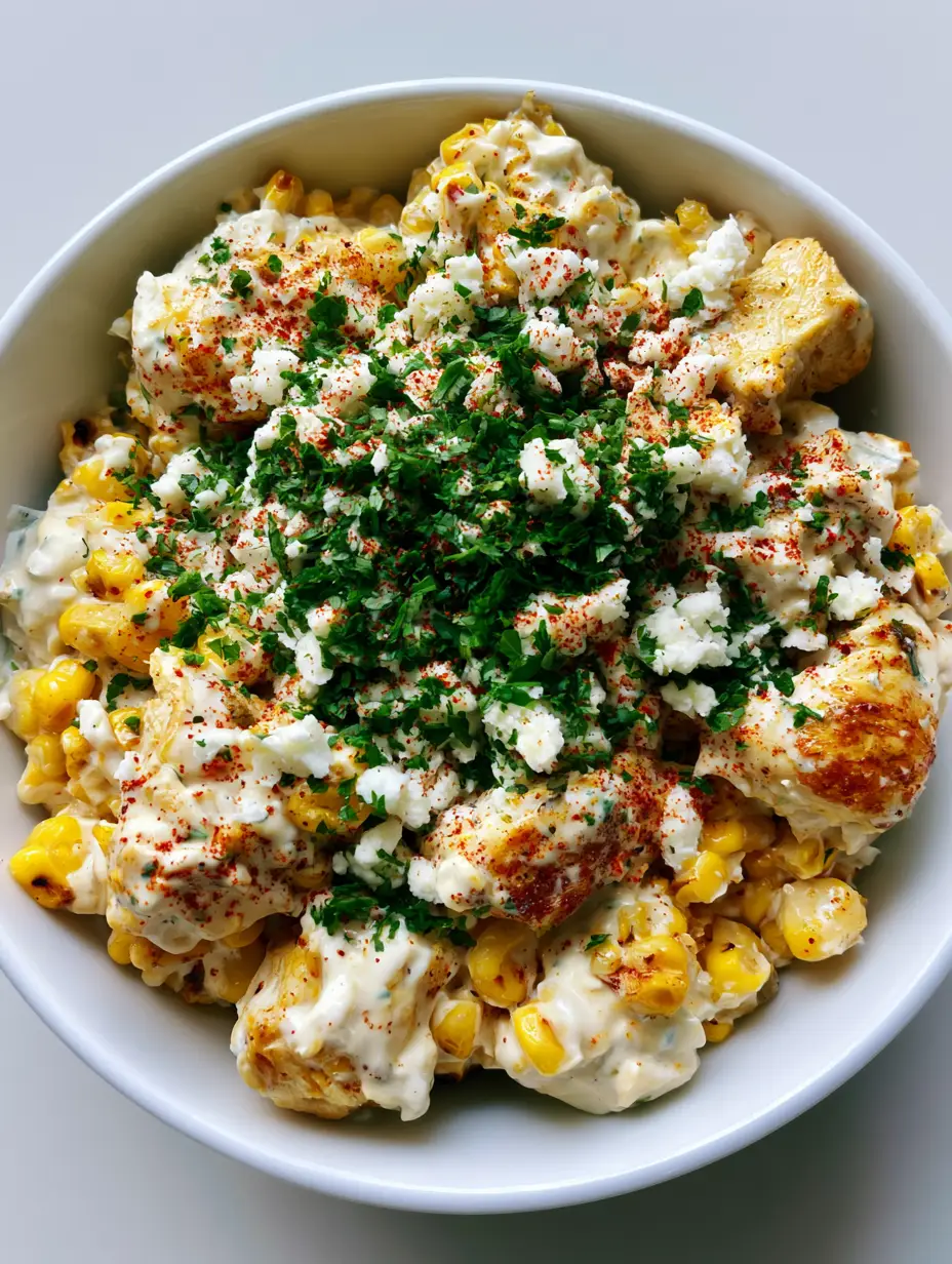 Handheld photo of a white bowl filled with Mexican Street Corn Chicken Salad, featuring golden chicken and charred yellow corn kernels.