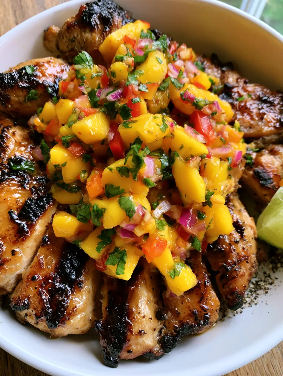 Top-down view of charred honey lime chicken strips topped with chunky mango salsa and fresh cilantro.
