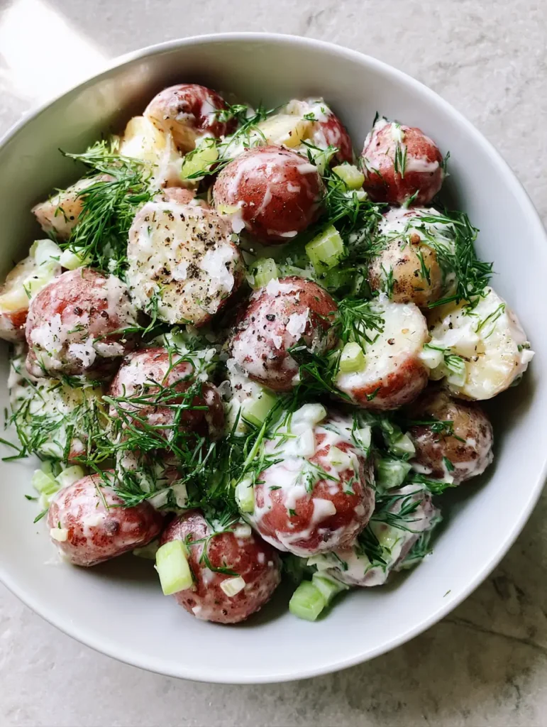 Salt and Vinegar Potato Salad: The Ultimate Tangy Red-Skinned Side Dish 1 Angled view of Salt and Vinegar Potato Salad on a grey stone surface with soft natural lighting and coarse salt flakes on top.