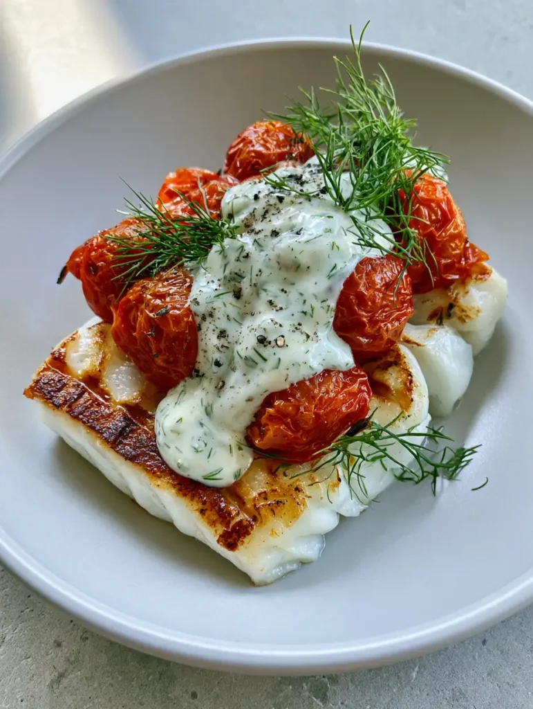 Detailed view of the creamy white dill sauce and cracked black pepper on Grilled Cod Recipes.