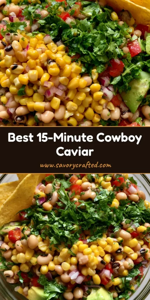 A top-down view of a colorful glass bowl featuring the viral Cowboy Caviar Recipe with corn, black-eyed peas, and avocado. (Cowboy Caviar Recipe)