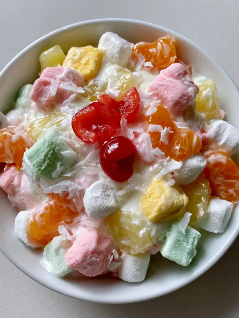 Overhead view of a ceramic bowl filled with marshmallow fruit salad and pineapple tidbits.