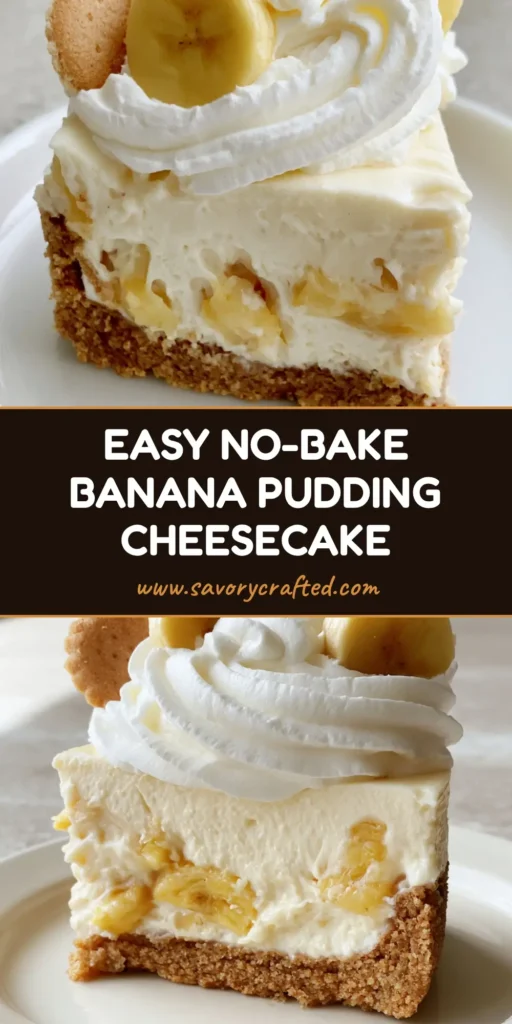 A thick tall slice of No-Bake Banana Pudding Cheesecake on a white plate with fresh bananas and whipped cream.