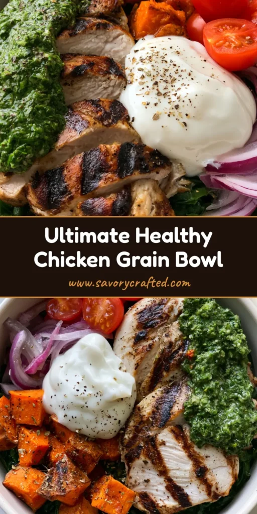 A shallow white ceramic bowl containing a Chimichurri Grilled Chicken Bowl with roasted sweet potatoes, fresh cherry tomatoes, and sautéed spinach, garnished with cracked black pepper.