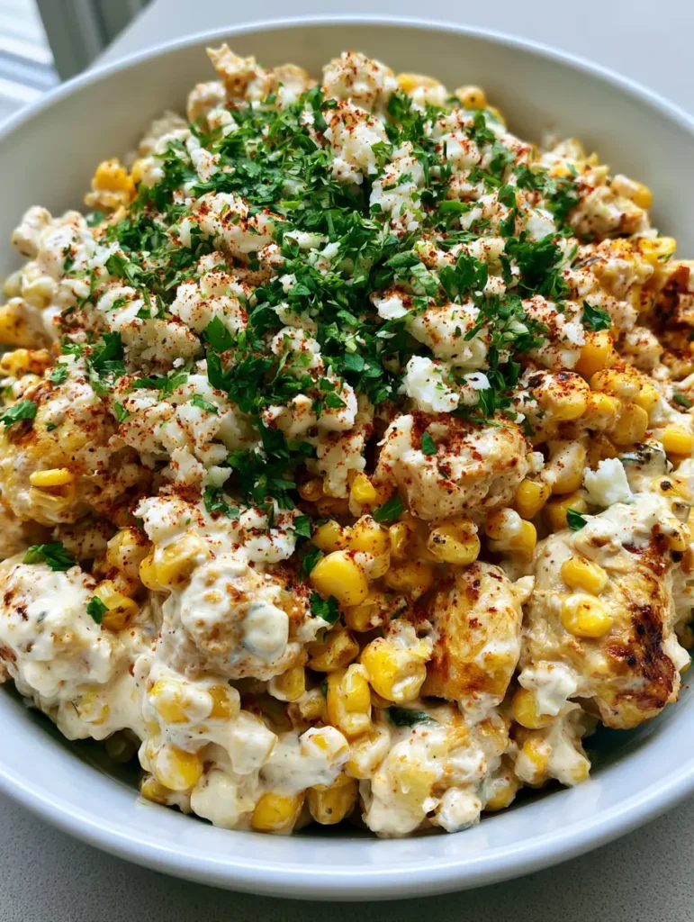 A white bowl of Mexican Street Corn Chicken Salad dusted with red chili powder and topped with crumbled cotija cheese.