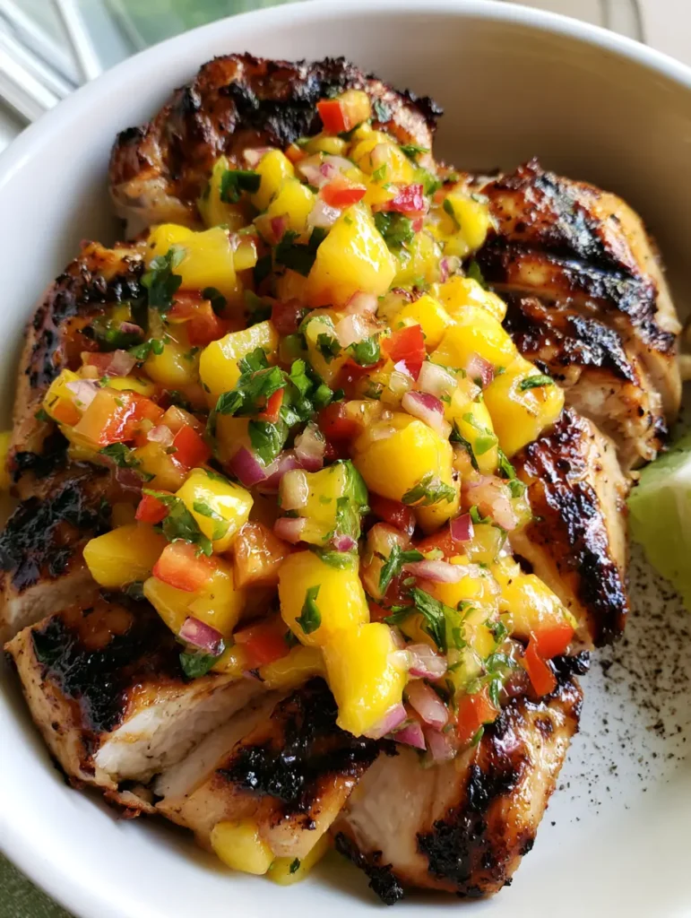 Close-up of fresh mango salsa with red bell peppers and red onion on top of honey glazed chicken.