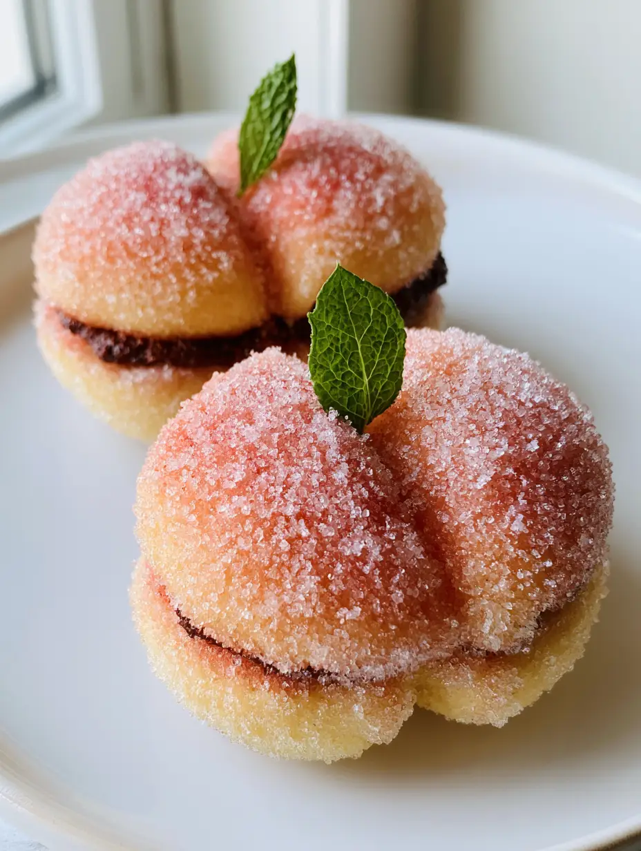 Detailed shot of two Italian Peach Cookies on a white plate showing the peach-pink and orange gradient and granulated sugar texture.