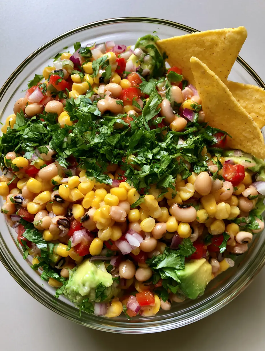 Close-up of yellow corn, red peppers, and green avocado in a Cowboy Caviar Recipe. (Cowboy Caviar Recipe)