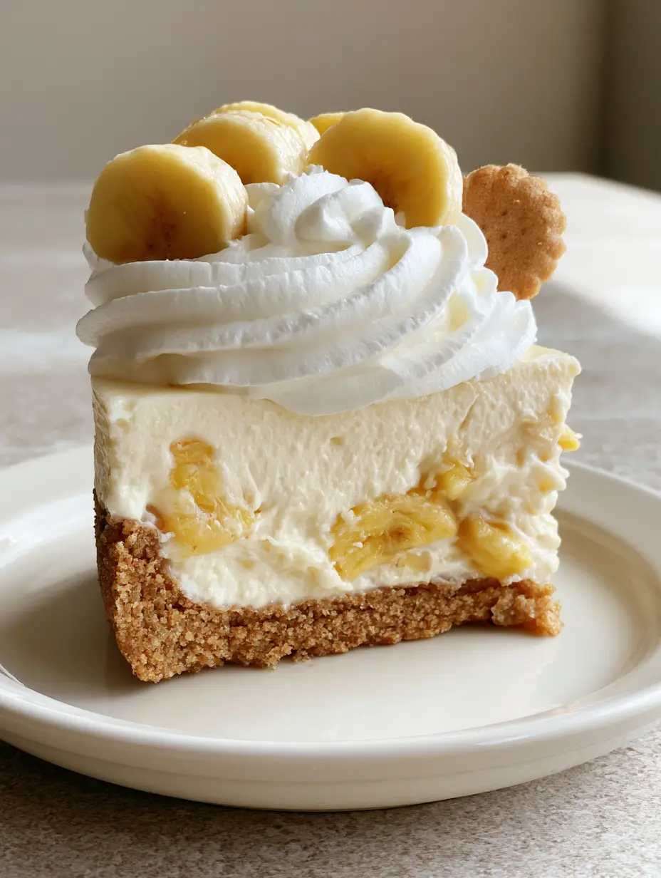 Close-up of a No-Bake Banana Pudding Cheesecake slice showing the wafer crust and banana chunks.
