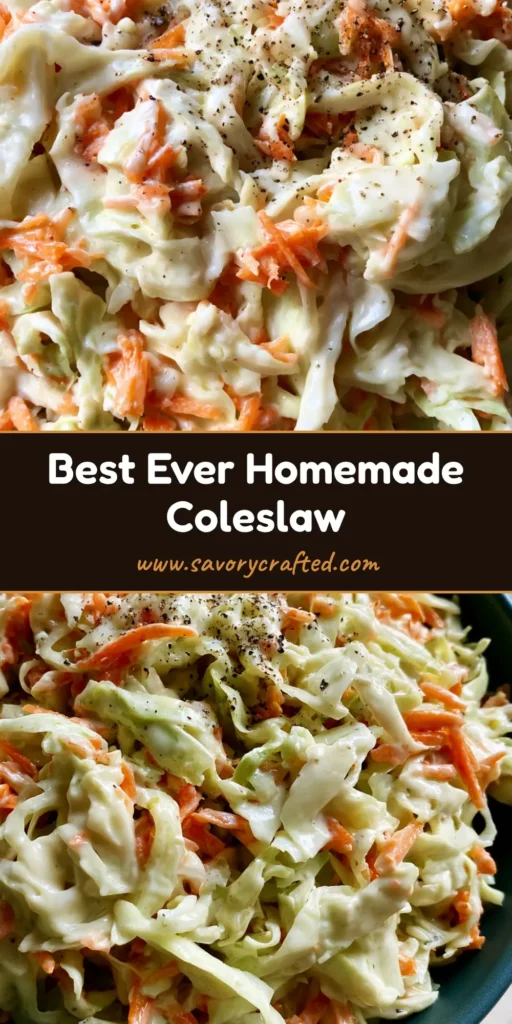 A top-down view of a dark teal bowl filled with creamy Homemade Coleslaw featuring thin cabbage ribbons and orange carrots.