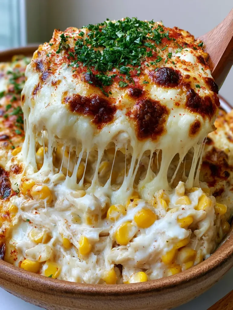 Close-up of the charred cheese texture and paprika dusting on a Street Corn Chicken Casserole.