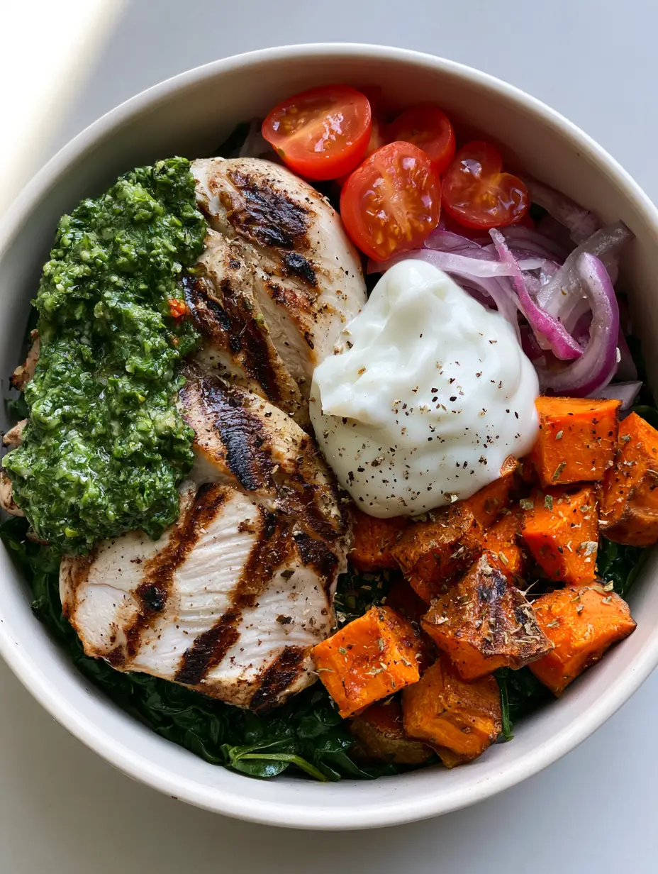 Close up of a Chimichurri Grilled Chicken Bowl showing moist chicken with dark char marks and vibrant green herb sauce.