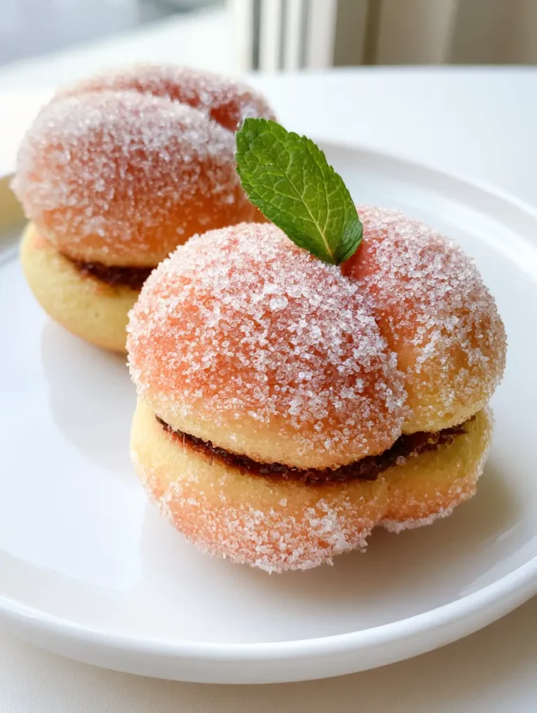 Italian Peach Cookies with a visible chocolate hazelnut filling and a fresh mint leaf garnish.