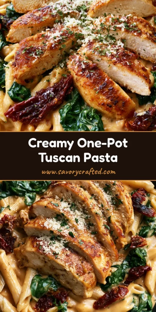 A close-up of creamy Tuscan Chicken Pasta in a black skillet with golden-brown chicken slices, spinach, and sun-dried tomatoes.