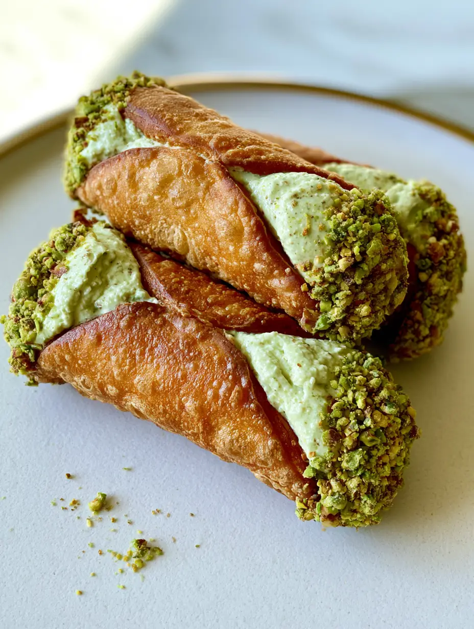 Pistachio Cannoli Recipe: Authentic Italian Crispy Pastry 3 Close-up of golden-brown fried cannoli shells filled with pale green pistachio cream. (Pistachio Cannoli Recipe)