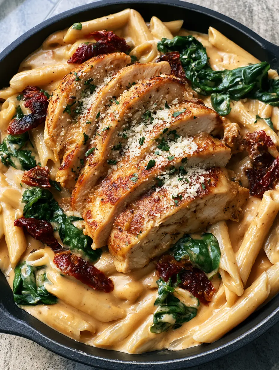 Smartphone photo of Tuscan Chicken Pasta featuring al dente penne and seared chicken breast slices in a light-orange sauce.