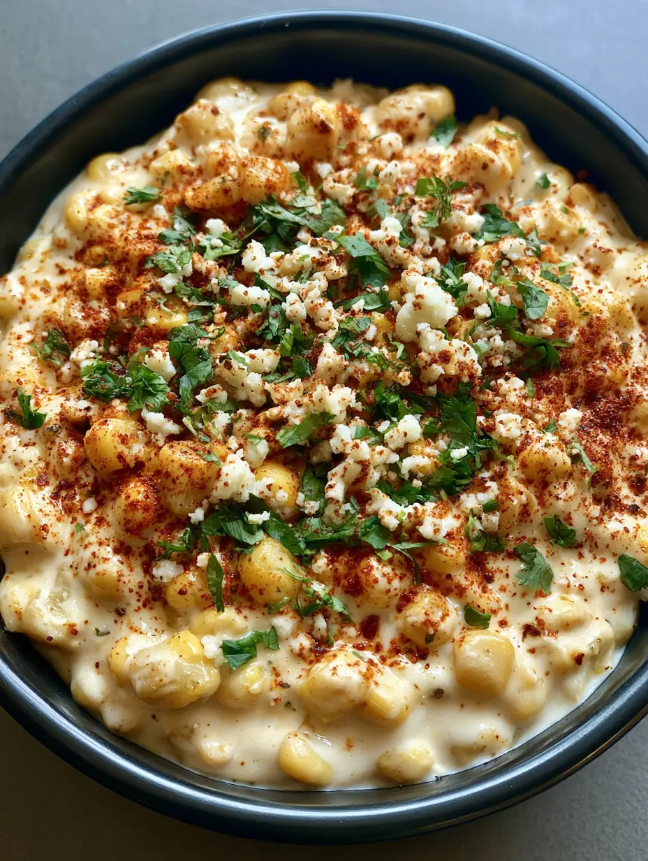 Close up shot of golden yellow corn kernels in a thick white creamy sauce base. (Mexican Street Corn Dip)