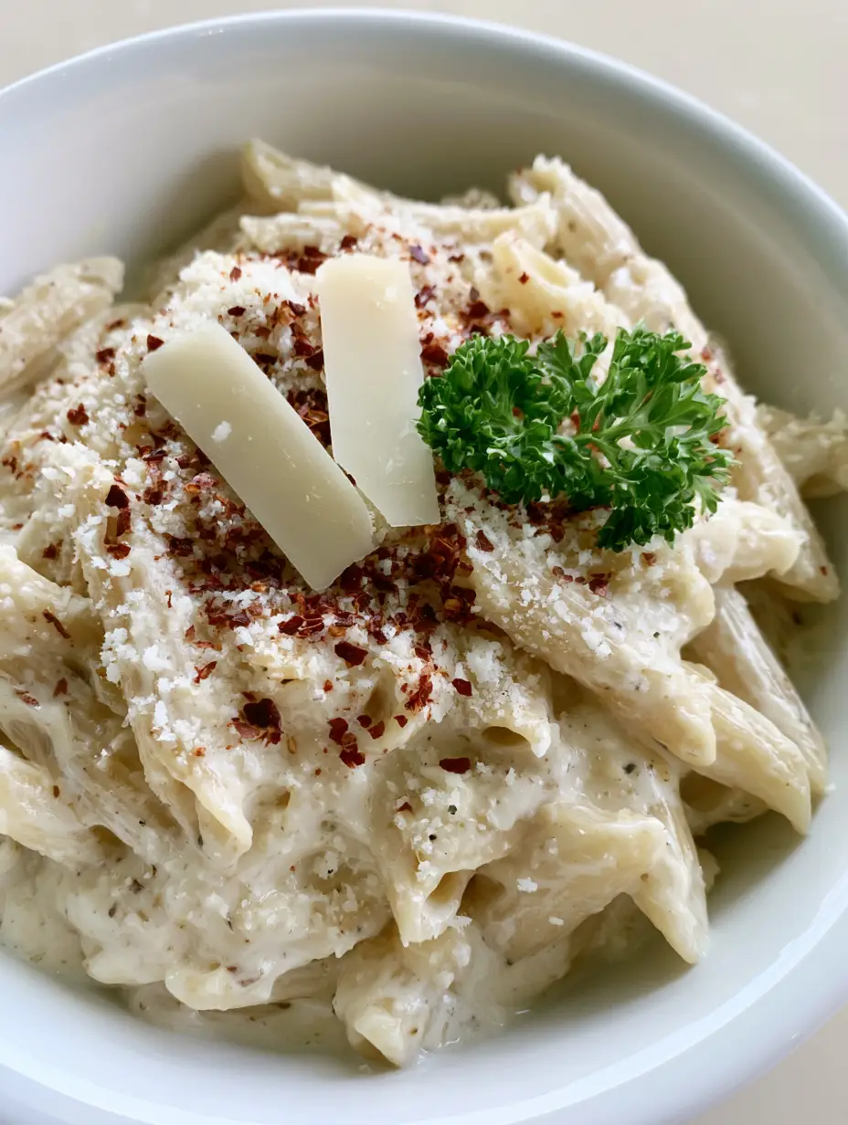A close-up shot of glossy penne pasta coated in a pale ivory garlic cream sauce. (One Pot Creamy Garlic Pasta)