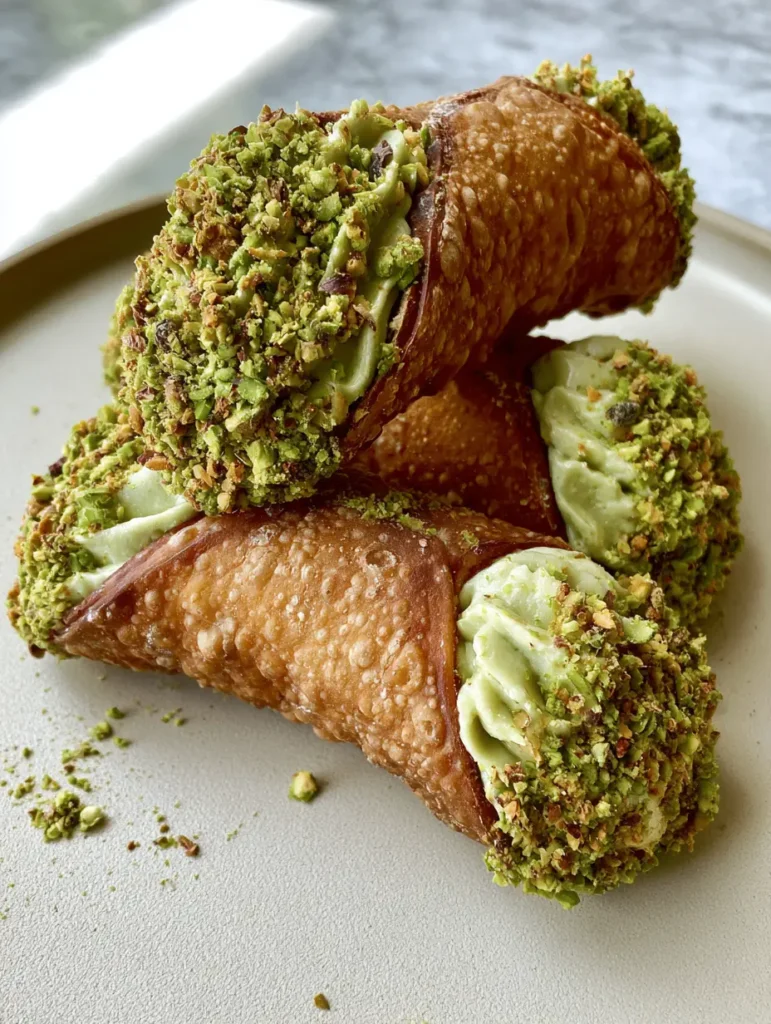 Pistachio Cannoli Recipe: Authentic Italian Crispy Pastry 1 Pistachio cannoli ends dipped in thick layers of crushed roasted green pistachios.