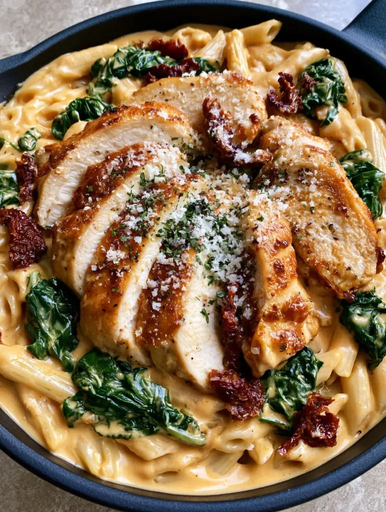 Close up view of vibrant green spinach and red sun-dried tomatoes scattered throughout creamy Tuscan Chicken Pasta.