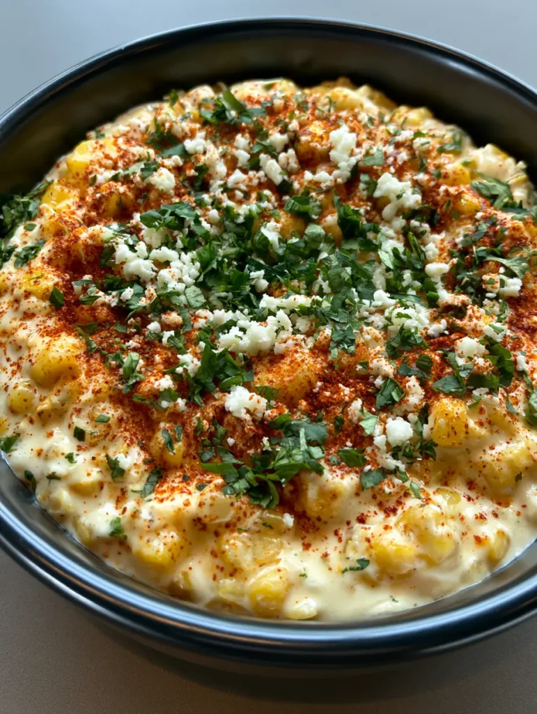 Overhead view of Mexican Street Corn Dip with red chili powder and green cilantro garnishes in a black ceramic bowl.