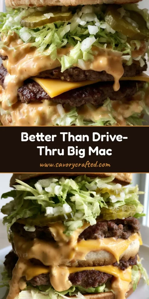 A towering three-part burger on a wooden table, showcasing the layers of this Homemade Big Mac Recipe with dripping orange sauce and melted cheese.