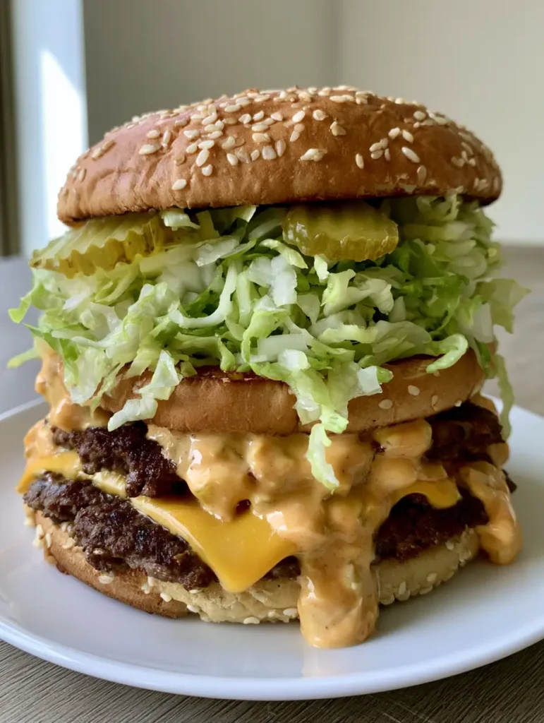 Close-up of seared beef patties and melted American cheese in a Homemade Big Mac Recipe.