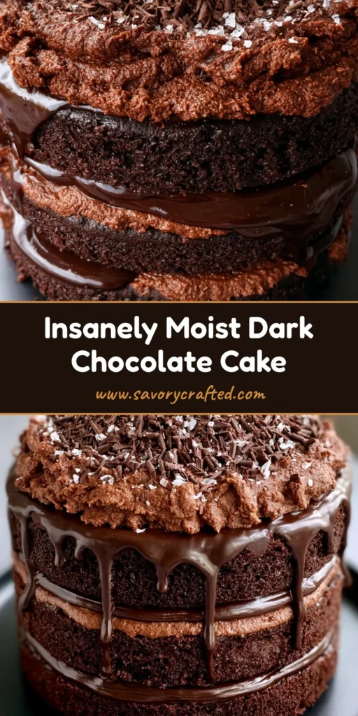 A tall three-layer Dark Chocolate Cake with thick glossy drips, matte cocoa frosting, and fine chocolate shavings on a black plate. (Dark Chocolate Cake)