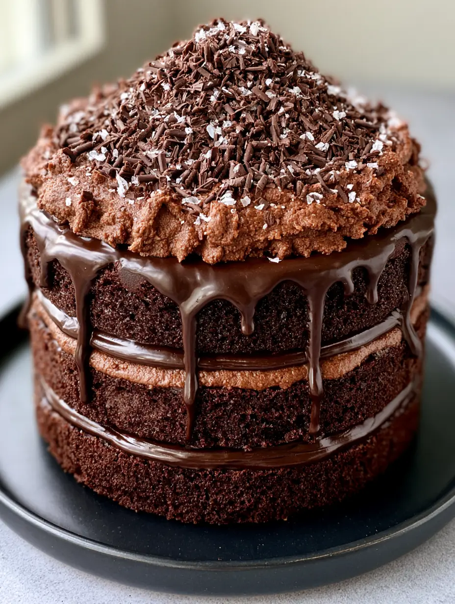 A close up view of a three-layer Dark Chocolate Cake showing the deep mahogany sponge and ganache filling. (Dark Chocolate Cake)
