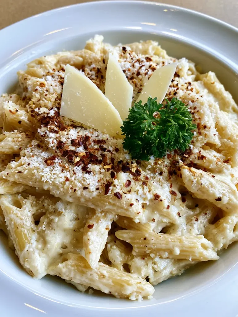 Overhead view of One Pot Creamy Garlic Pasta garnished with curly parsley and red chili flakes.