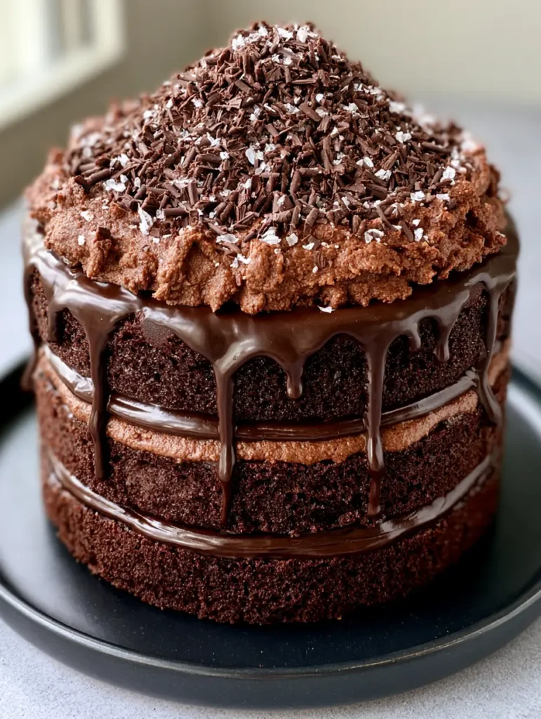 Rustic matte-finish Dutch-processed cocoa frosting with swirls on a Dark Chocolate Cake.
