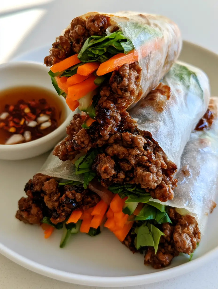 A handheld smartphone photo showing the translucent texture of Thai Basil Beef Rolls with orange carrots and green herbs. (Thai Basil Beef Rolls)
