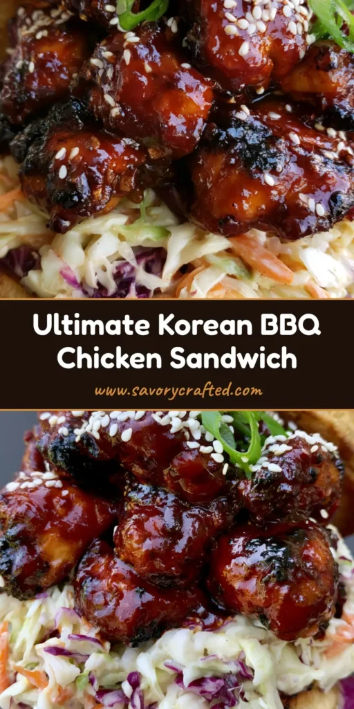 Korean BBQ Chicken Sandwich with Creamy Slaw and Toasted Brioche 4 A tall Korean BBQ Chicken Sandwich with glossy dark-red chicken, colorful slaw, and sesame seeds on a brioche bun.