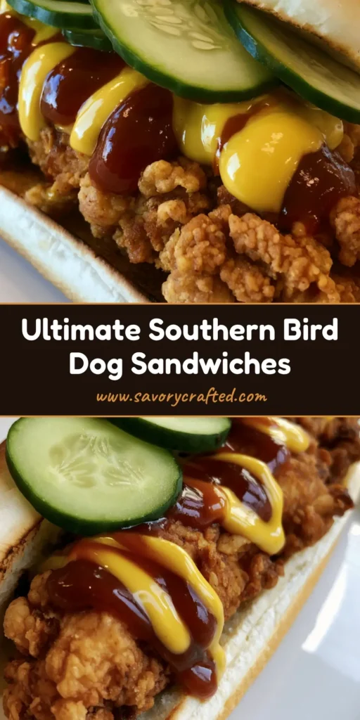 A close-up shot of South Carolina Bird Dog Sandwiches on a white plate, featuring crispy chicken tenders, honey mustard, red BBQ sauce, and dill pickles on a toasted hoagie.
