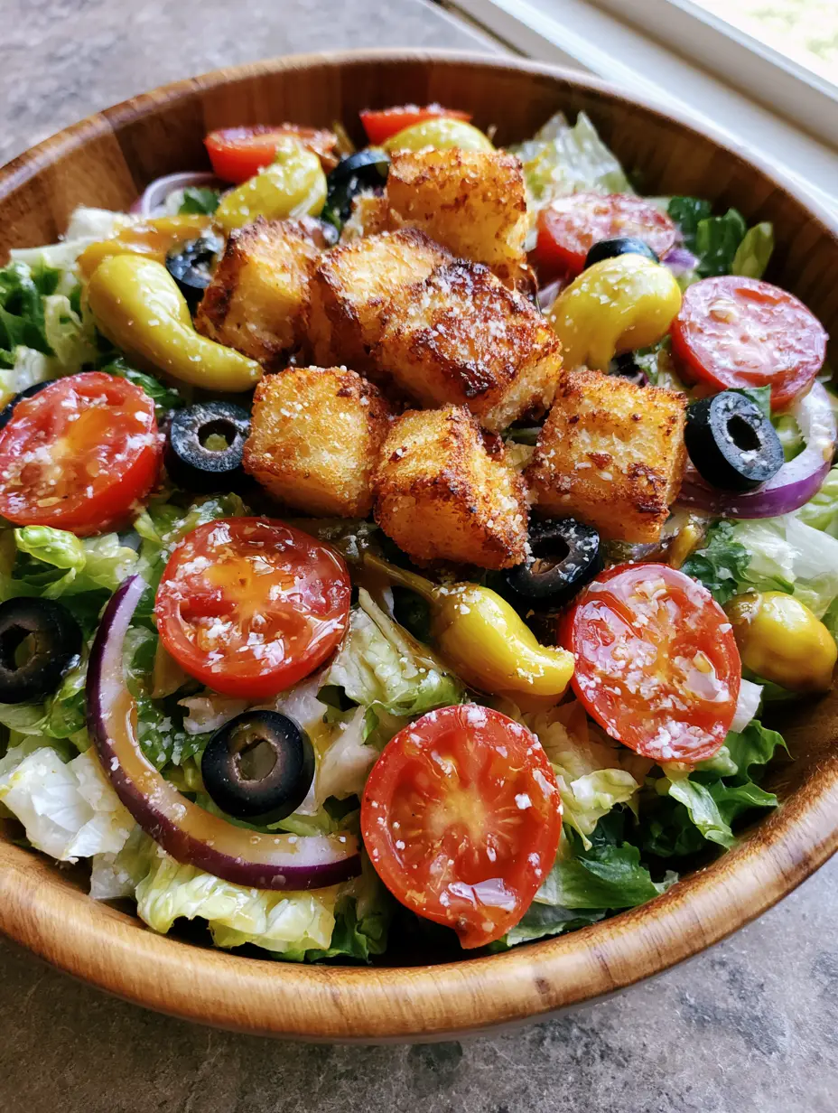 Close up overhead shot of a fresh garden salad with iceberg lettuce, red onions, and black olives in a wooden bowl. (Copycat Olive Garden Salad)